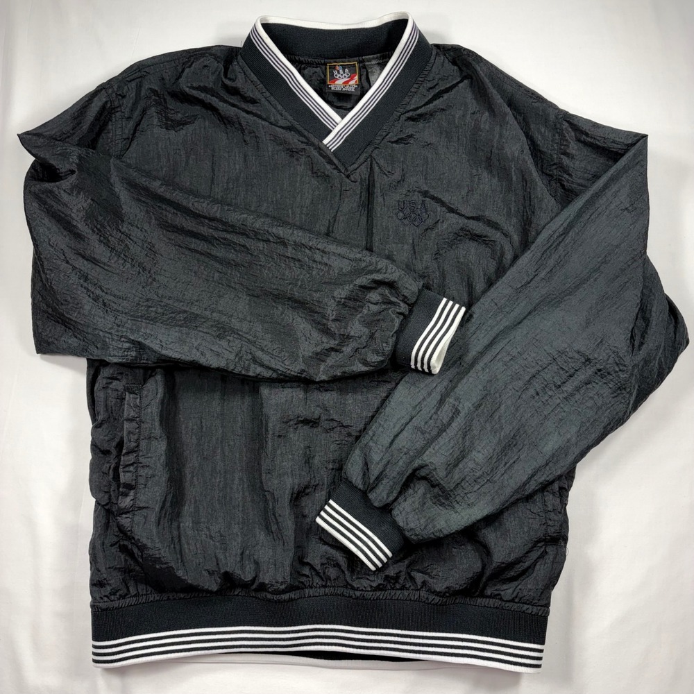 Vintage USA Olympic Windbreaker Small Pullover Black Nylon V-Neck JCPenney